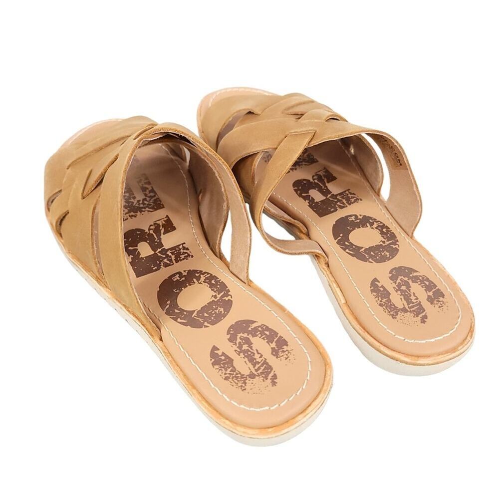 Sorel Ella Slide Sandals in Camel Brown Strappy Leather - Picture 6 of 11